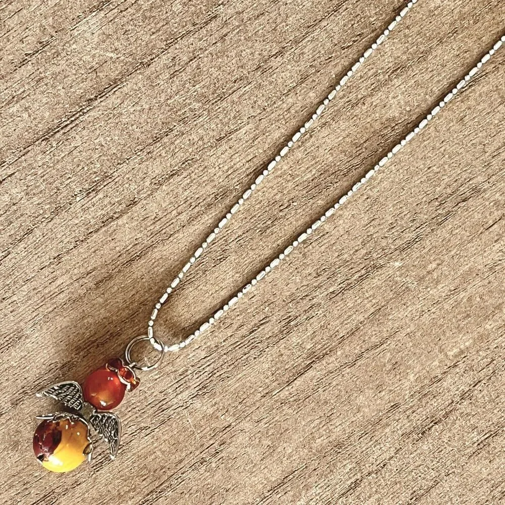 Angel Bead Charm Necklace 17in Silver Tone Ball & Bar Chain Amber Color